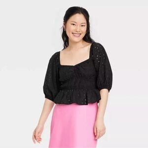 A New Day Eyelet Lace Sweetheart Puff Sleeve Blouse Black